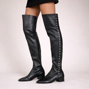 ZARA NWT Black Faux Leather Studded Knee High Boots Block Heel 11 /42